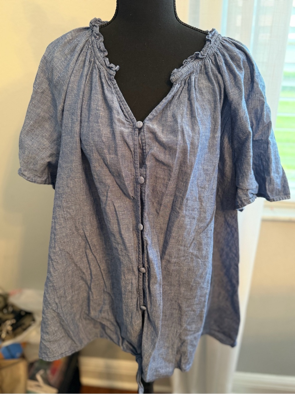Lane Bryant Chambray Button-Front Peasant Top in Light Blue
